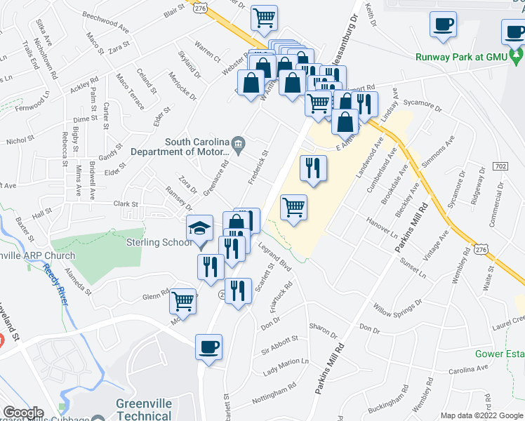 map of restaurants, bars, coffee shops, grocery stores, and more near 270 South Pleasantburg Drive in Greenville