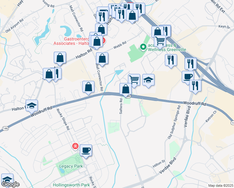 map of restaurants, bars, coffee shops, grocery stores, and more near 741 Woodruff Road in Greenville