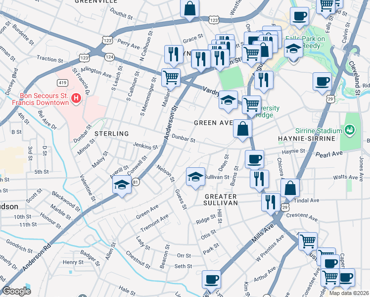 map of restaurants, bars, coffee shops, grocery stores, and more near 16 Jenkins Street in Greenville