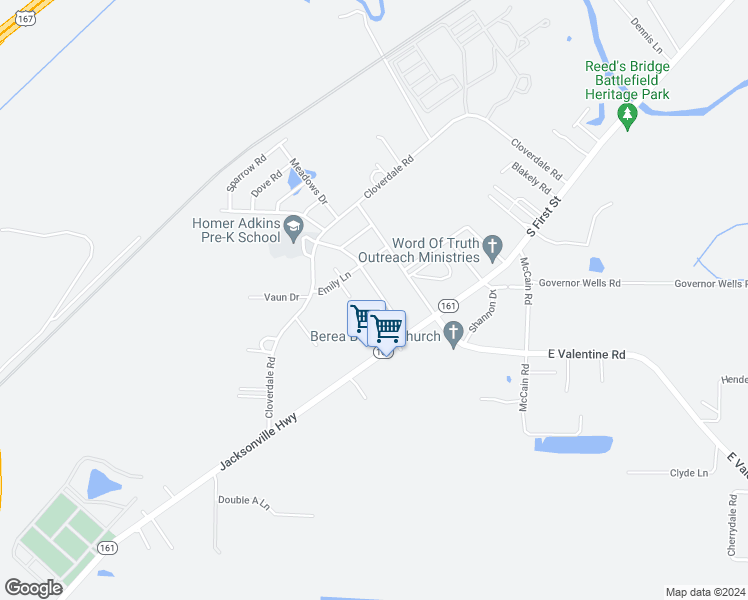 map of restaurants, bars, coffee shops, grocery stores, and more near 3211 Homer Adkins Boulevard in Jacksonville