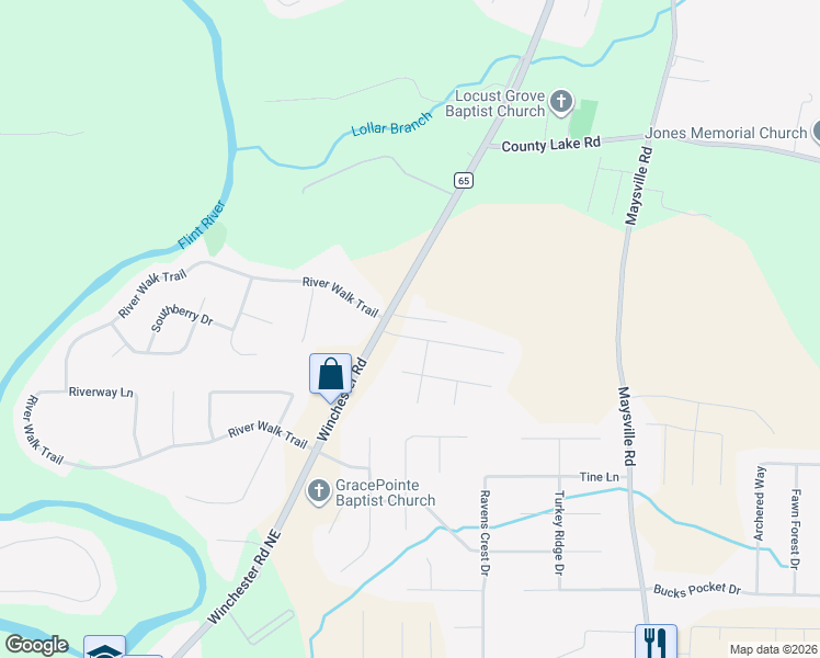map of restaurants, bars, coffee shops, grocery stores, and more near 105 Dogwood Ridge Drive in New Market
