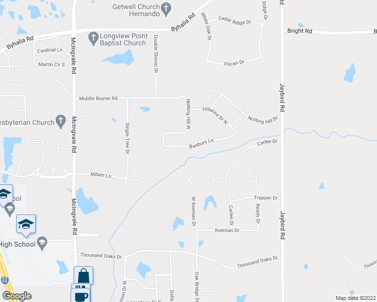 map of restaurants, bars, coffee shops, grocery stores, and more near 1543 Banbury Lane in Hernando