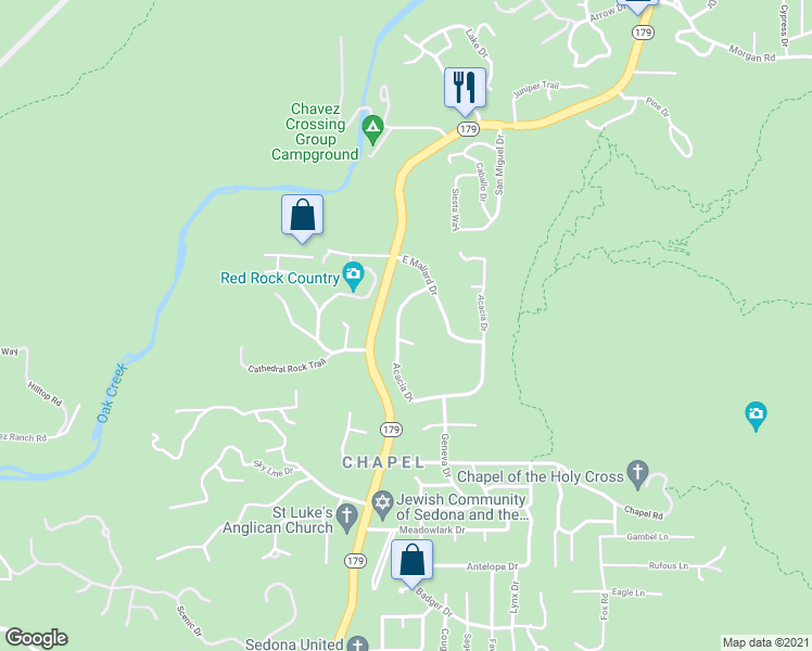 map of restaurants, bars, coffee shops, grocery stores, and more near 308 Acacia Drive in Sedona