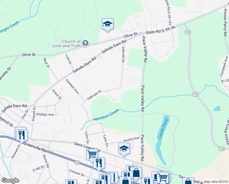 map of restaurants, bars, coffee shops, grocery stores, and more near 274 Oakvale Drive in Easley