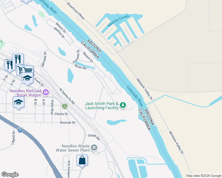 map of restaurants, bars, coffee shops, grocery stores, and more near 575 Beach Drive in Needles