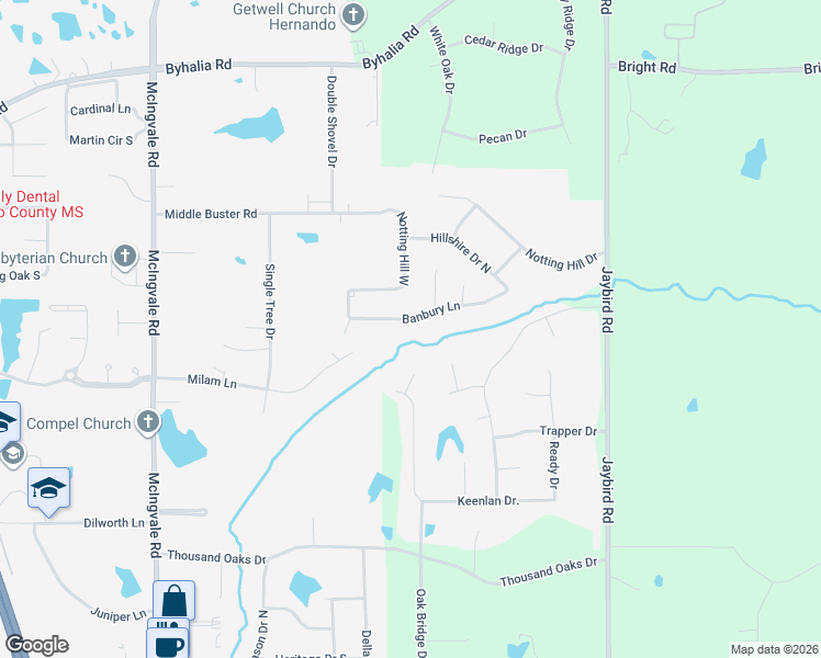 map of restaurants, bars, coffee shops, grocery stores, and more near 1543 Banbury Lane in Hernando