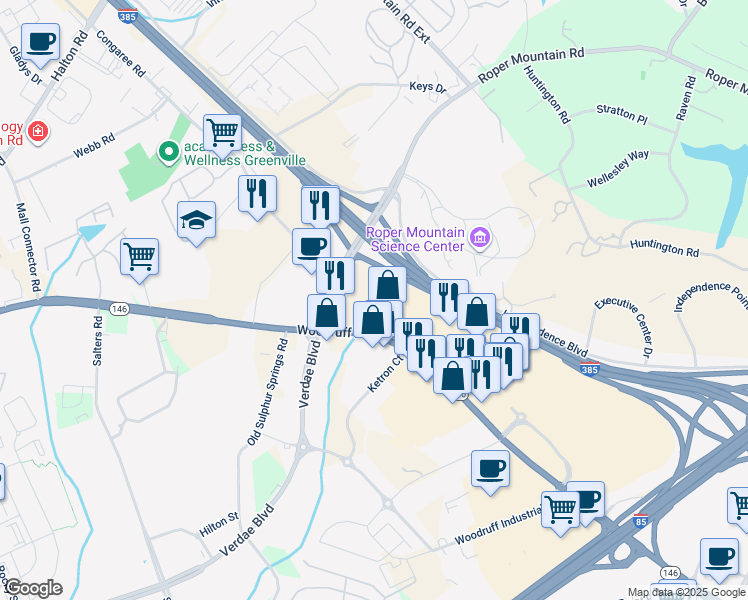 map of restaurants, bars, coffee shops, grocery stores, and more near 1011 Woodruff Road in Greenville