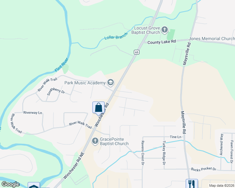 map of restaurants, bars, coffee shops, grocery stores, and more near 105 Dogwood Ridge Drive in New Market
