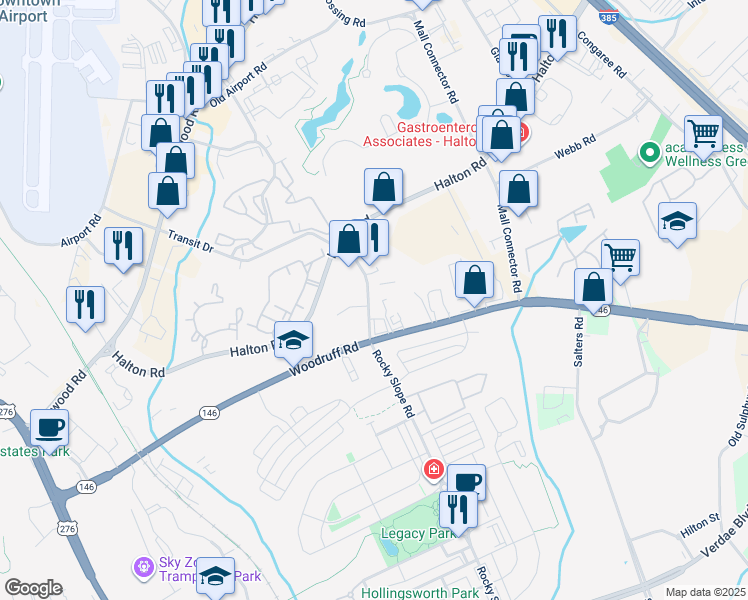 map of restaurants, bars, coffee shops, grocery stores, and more near 19 Halton Green Way in Greenville