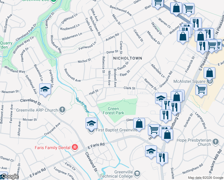 map of restaurants, bars, coffee shops, grocery stores, and more near 106 Clark Street in Greenville