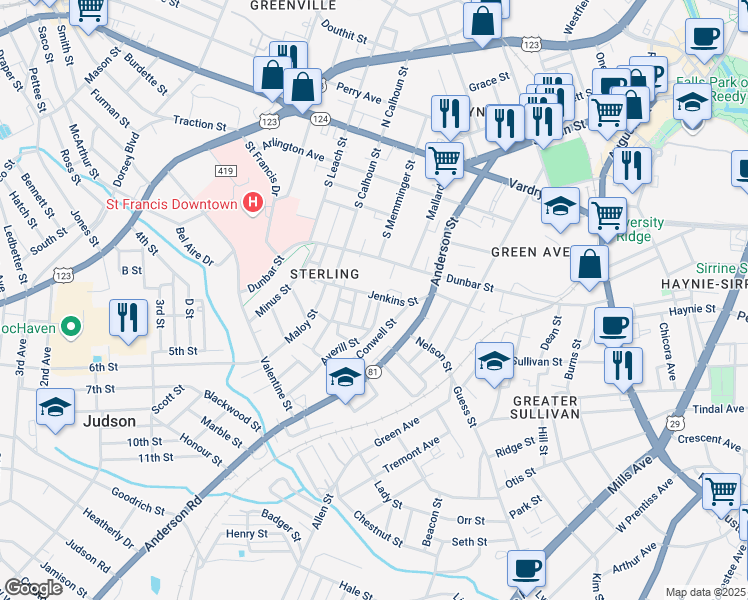 map of restaurants, bars, coffee shops, grocery stores, and more near 2 Averill Street in Greenville