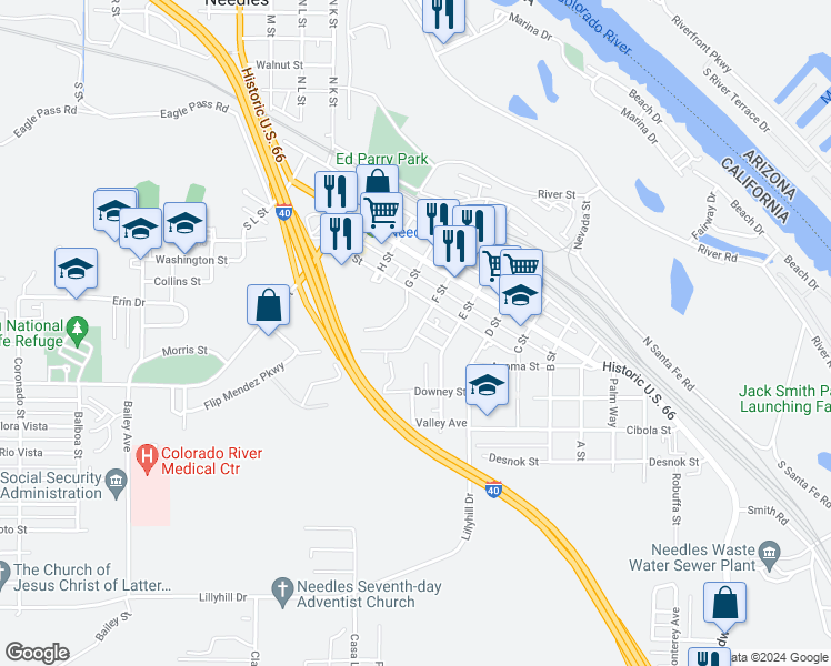 map of restaurants, bars, coffee shops, grocery stores, and more near F Street in Needles