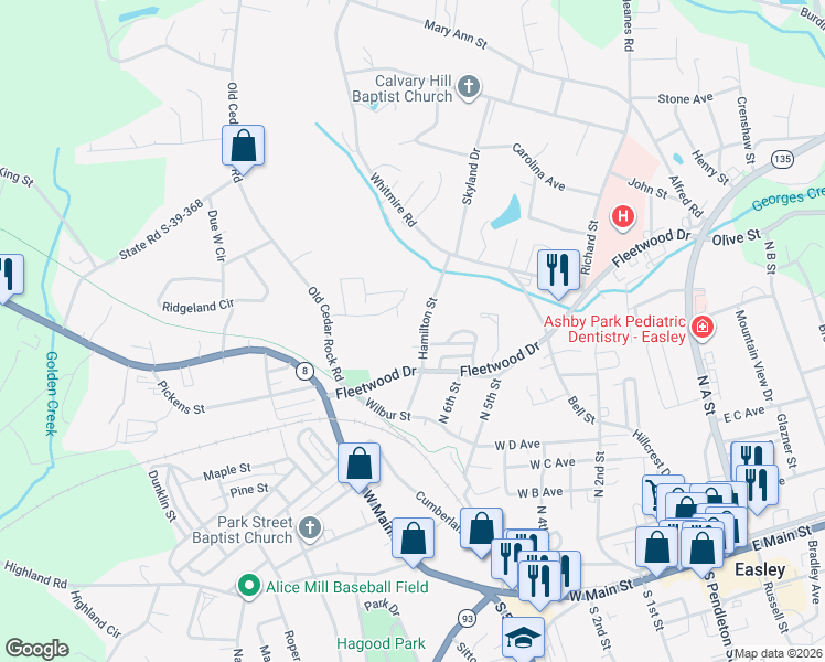 map of restaurants, bars, coffee shops, grocery stores, and more near 205 Hamilton Street in Easley