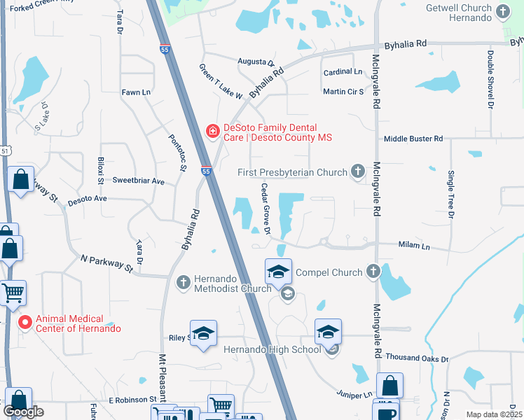 map of restaurants, bars, coffee shops, grocery stores, and more near 1625 Cedar Grove Drive in Hernando
