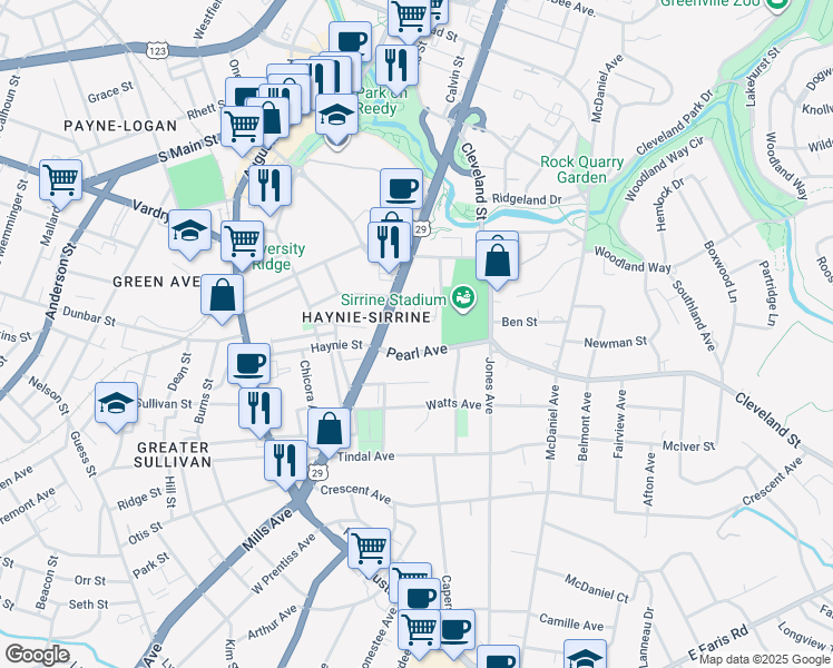 map of restaurants, bars, coffee shops, grocery stores, and more near 106 Quincy Street in Greenville