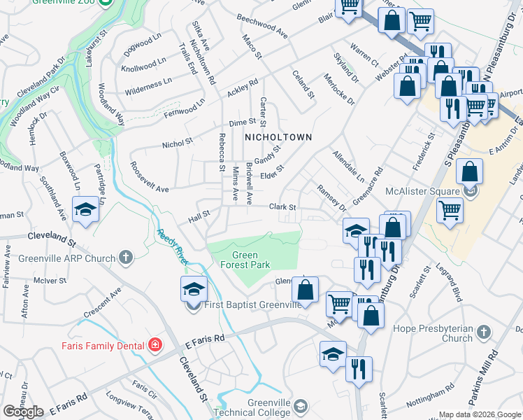 map of restaurants, bars, coffee shops, grocery stores, and more near 120 Clark Street in Greenville