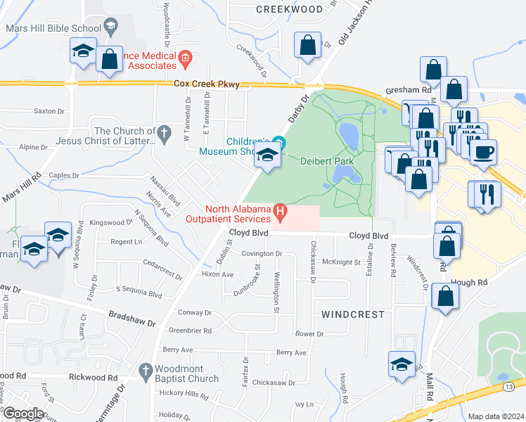 map of restaurants, bars, coffee shops, grocery stores, and more near 2107 Cloyd Boulevard in Florence
