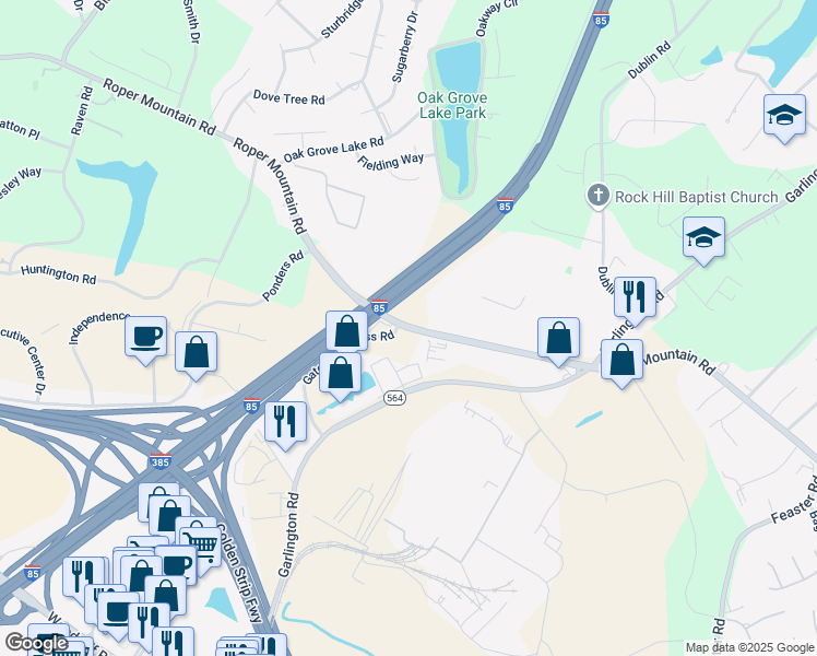 map of restaurants, bars, coffee shops, grocery stores, and more near 1057 Roper Mountain Road in Greenville
