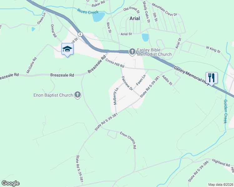 map of restaurants, bars, coffee shops, grocery stores, and more near 214 Mulberry Lane in Easley