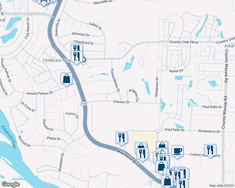 map of restaurants, bars, coffee shops, grocery stores, and more near 128 Fontainbleau Drive in Maumelle