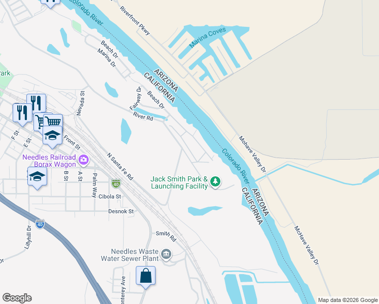 map of restaurants, bars, coffee shops, grocery stores, and more near 575 Beach Drive in Needles