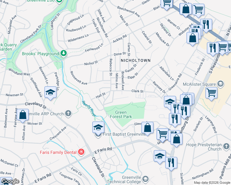 map of restaurants, bars, coffee shops, grocery stores, and more near 1 Alameda Street in Greenville