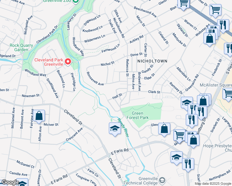 map of restaurants, bars, coffee shops, grocery stores, and more near 16 Miller Street in Greenville