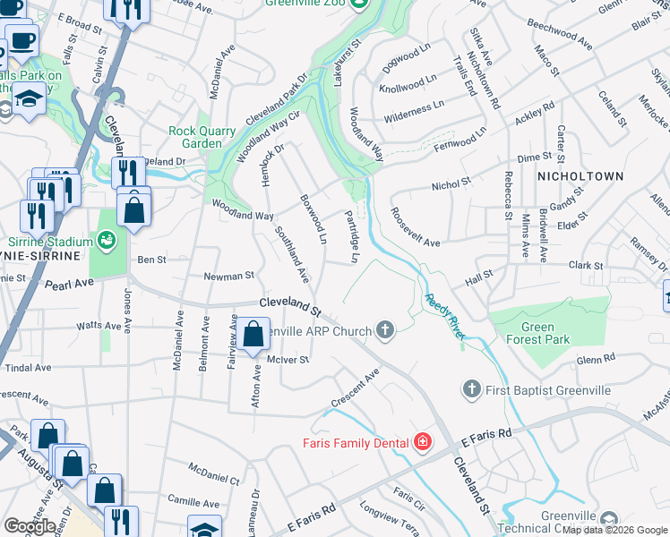 map of restaurants, bars, coffee shops, grocery stores, and more near 224 Boxwood Lane in Greenville