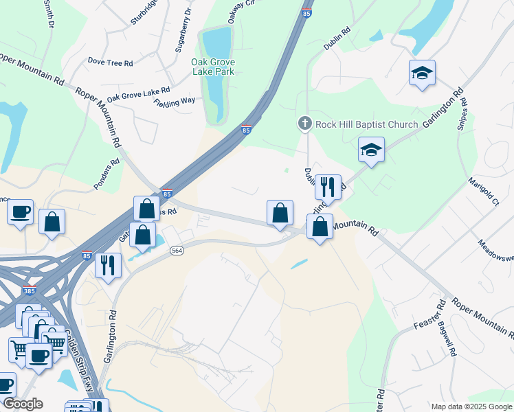 map of restaurants, bars, coffee shops, grocery stores, and more near 1421 Roper Mountain Road in Greenville