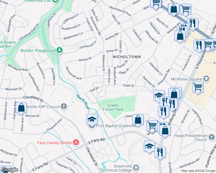 map of restaurants, bars, coffee shops, grocery stores, and more near 1 Alameda Street in Greenville