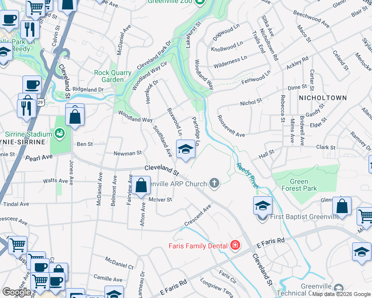 map of restaurants, bars, coffee shops, grocery stores, and more near 224 Boxwood Lane in Greenville