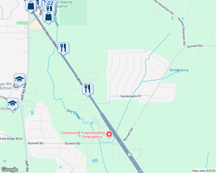 map of restaurants, bars, coffee shops, grocery stores, and more near 265 Fenrose Drive in Harvest