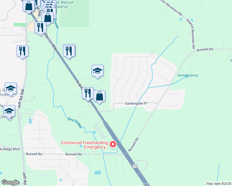 map of restaurants, bars, coffee shops, grocery stores, and more near 265 Fenrose Drive in Harvest