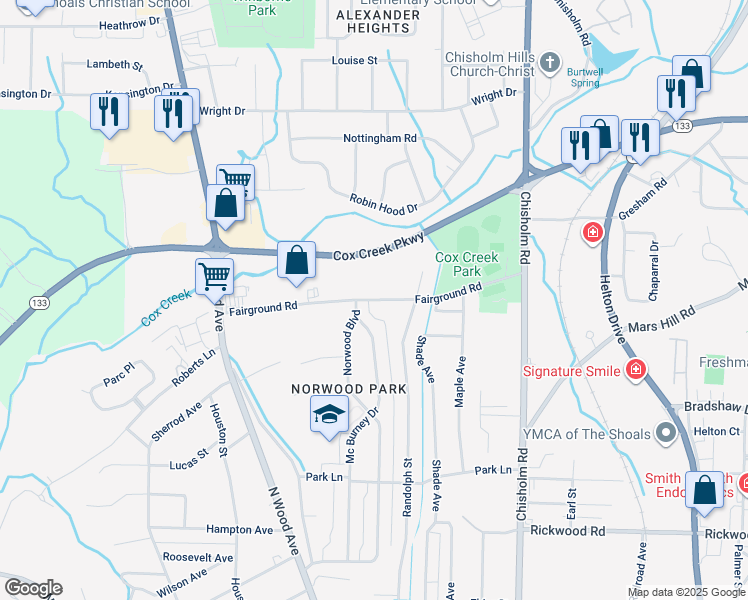 map of restaurants, bars, coffee shops, grocery stores, and more near Fairground Road in Florence
