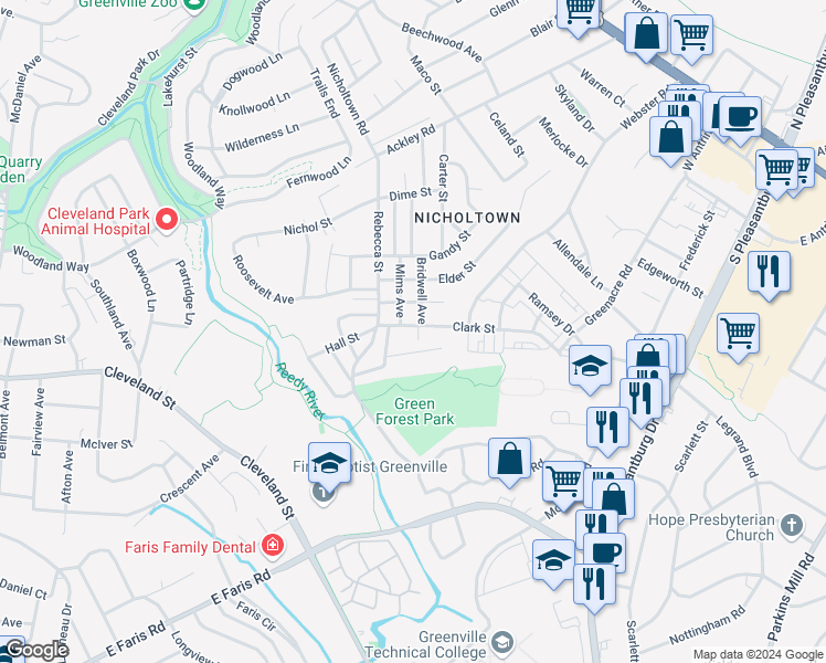 map of restaurants, bars, coffee shops, grocery stores, and more near 106 Clark Street in Greenville