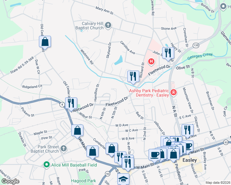 map of restaurants, bars, coffee shops, grocery stores, and more near 114 Louns Drive in Easley