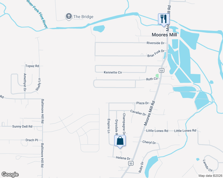 map of restaurants, bars, coffee shops, grocery stores, and more near 409 Ruth Circle in Huntsville