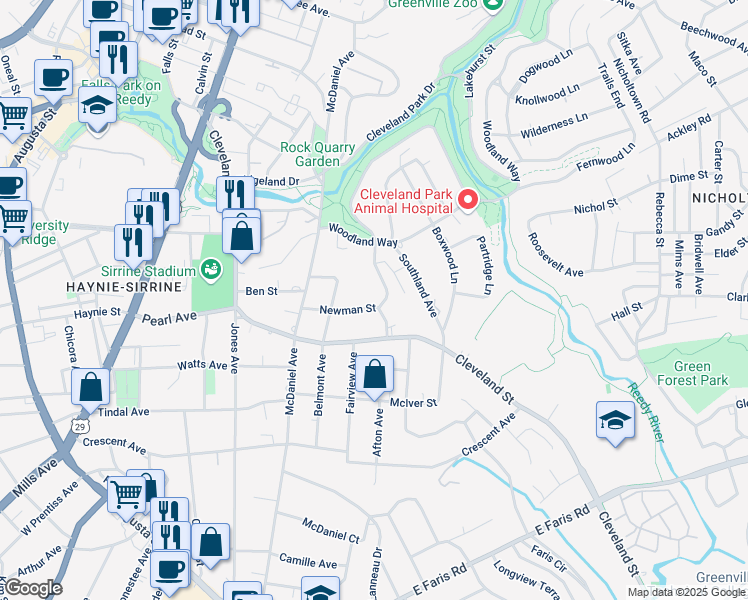 map of restaurants, bars, coffee shops, grocery stores, and more near 115 Newman Street in Greenville