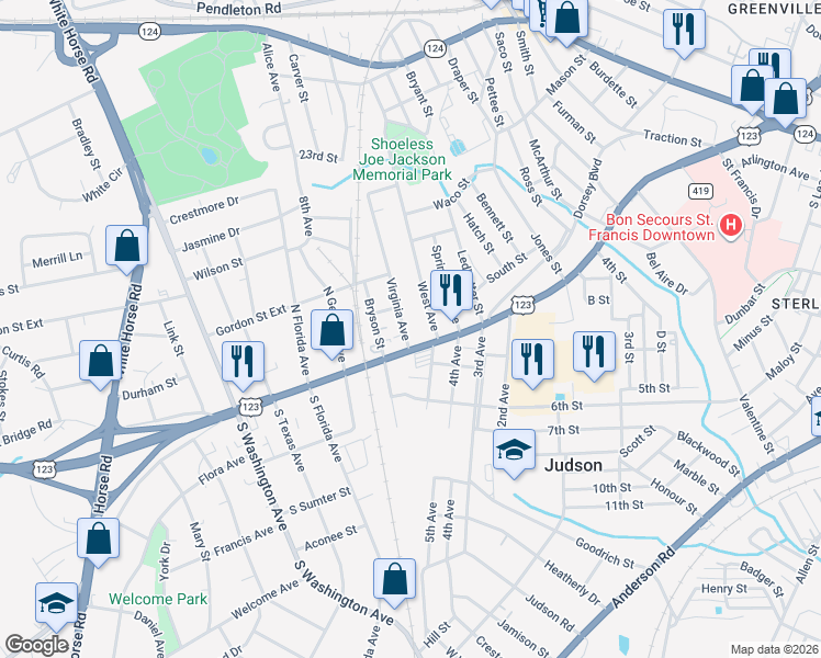 map of restaurants, bars, coffee shops, grocery stores, and more near 4 Virginia Avenue in Greenville