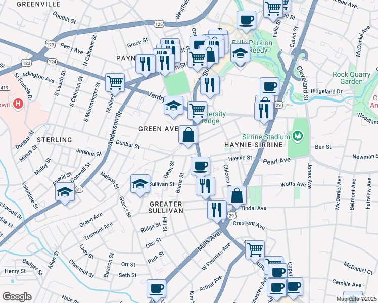 map of restaurants, bars, coffee shops, grocery stores, and more near 14 Dunbar Street in Greenville