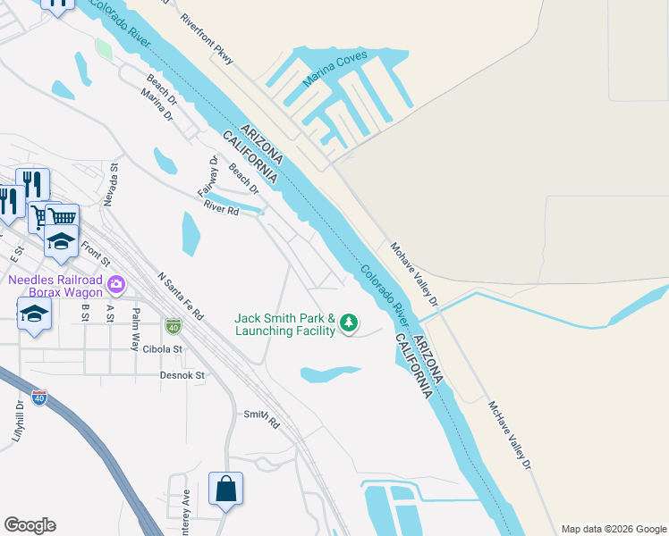 map of restaurants, bars, coffee shops, grocery stores, and more near 554 Beach Drive in Needles