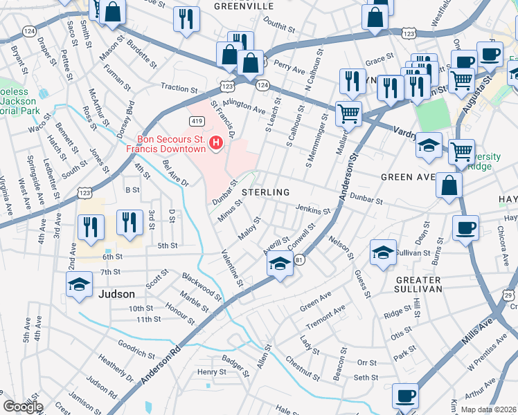 map of restaurants, bars, coffee shops, grocery stores, and more near 100 Maloy Street in Greenville