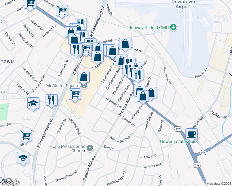 map of restaurants, bars, coffee shops, grocery stores, and more near 109 Brookdale Avenue in Greenville
