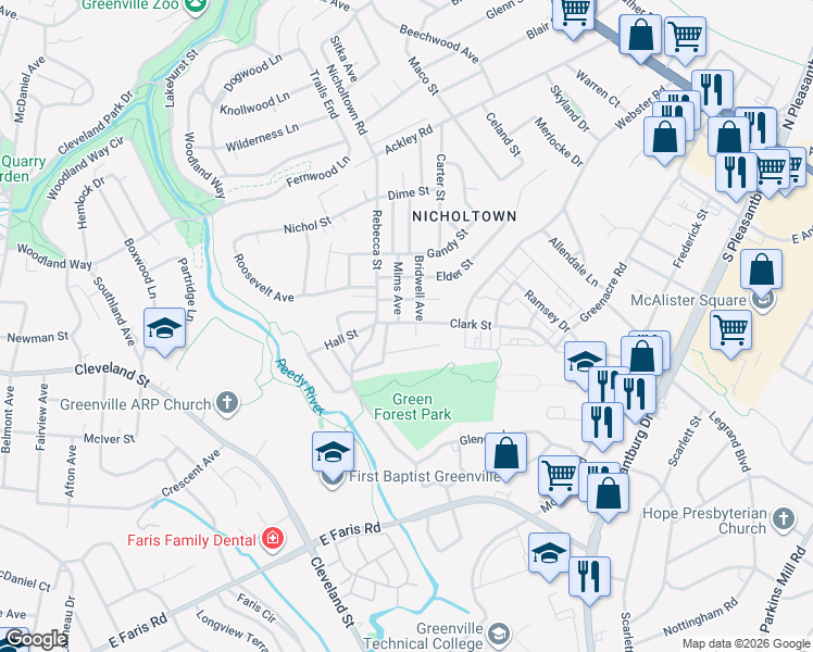 map of restaurants, bars, coffee shops, grocery stores, and more near 106 Clark Street in Greenville