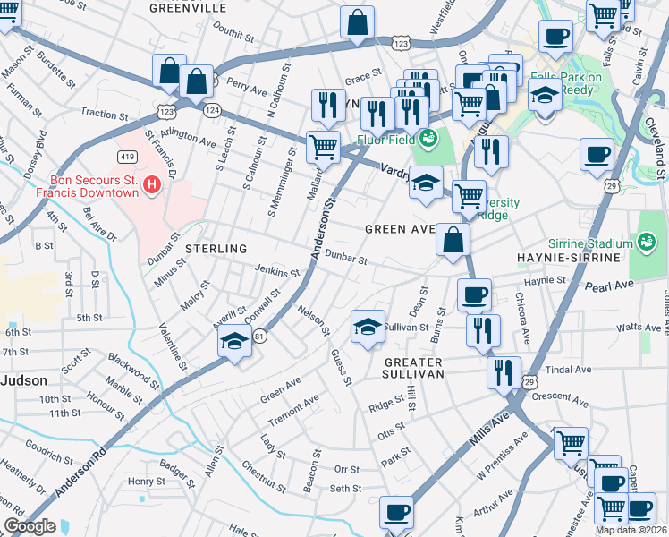 map of restaurants, bars, coffee shops, grocery stores, and more near 300 Jenkins Street in Greenville