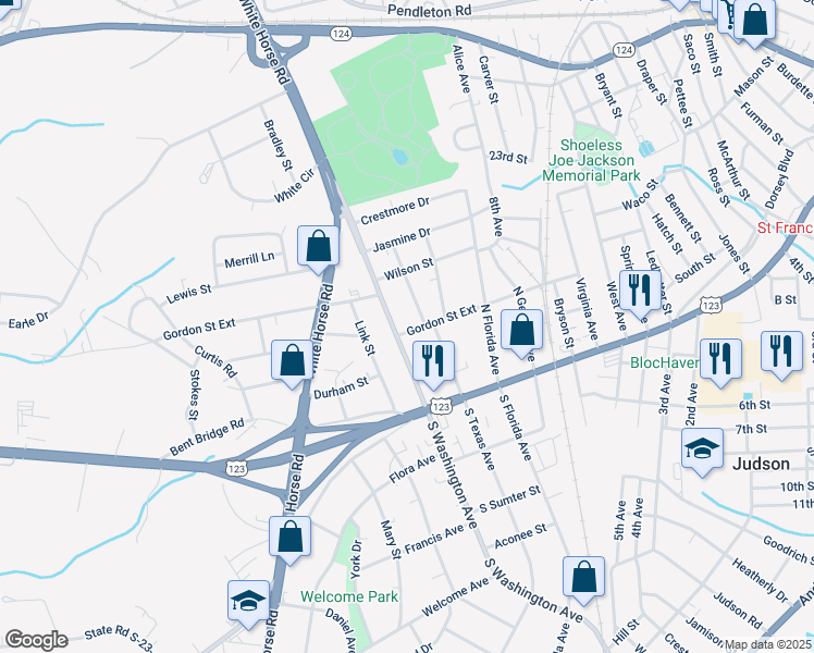map of restaurants, bars, coffee shops, grocery stores, and more near 508 Gordon Street Extension in Greenville