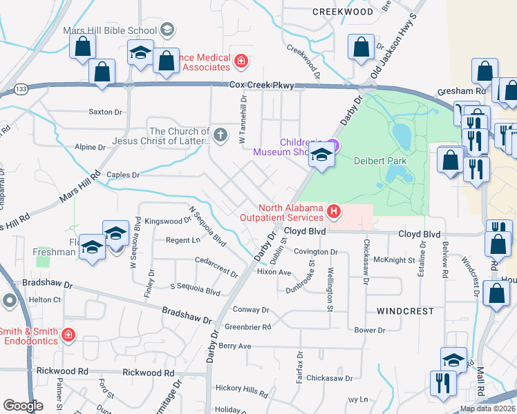 map of restaurants, bars, coffee shops, grocery stores, and more near 1600 Broadway Boulevard in Florence