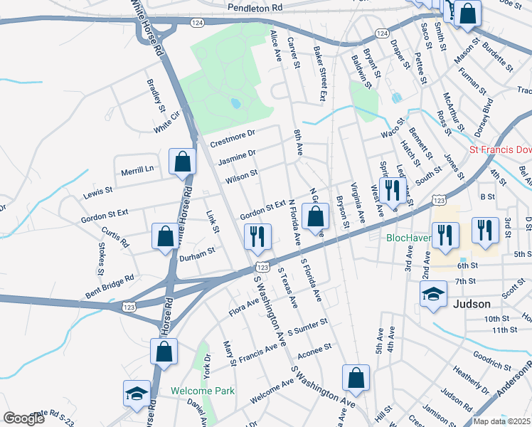 map of restaurants, bars, coffee shops, grocery stores, and more near 401 Gordon Street Extension in Greenville