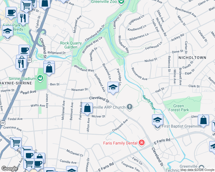 map of restaurants, bars, coffee shops, grocery stores, and more near 224 Boxwood Lane in Greenville
