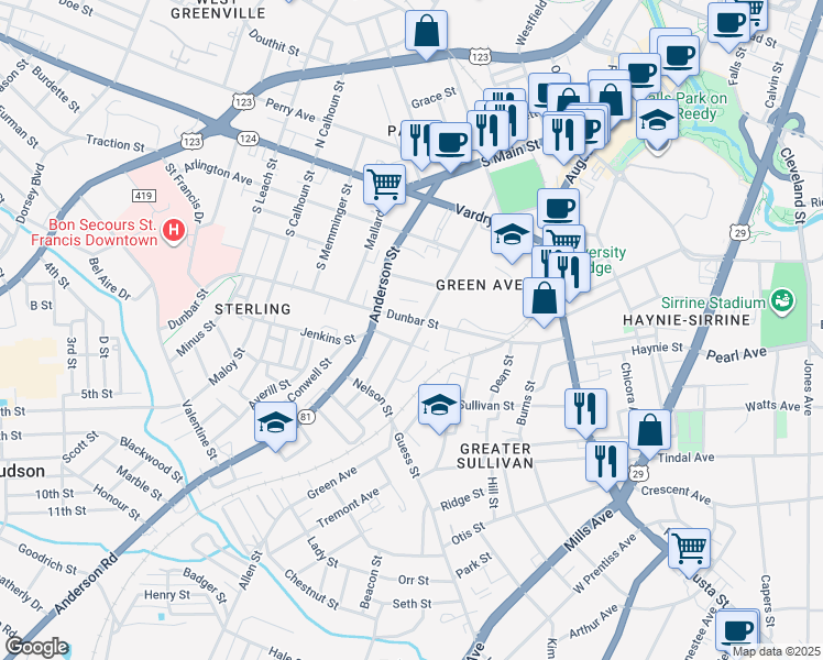 map of restaurants, bars, coffee shops, grocery stores, and more near 16 Jenkins Street in Greenville